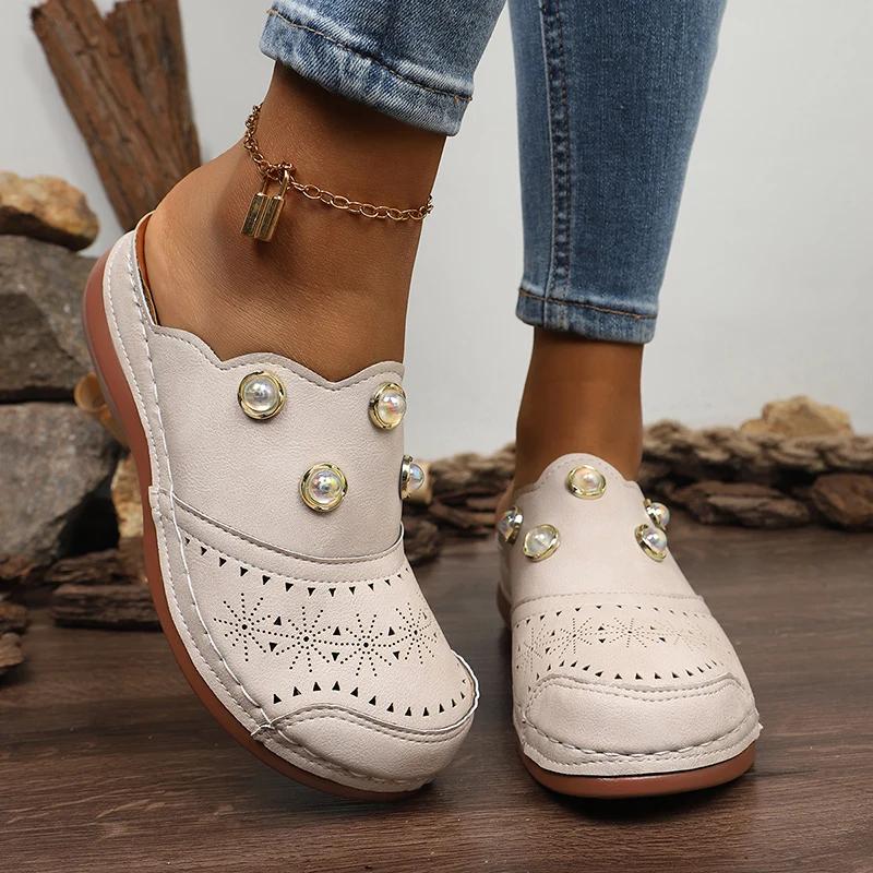 Women's Comfort Thick Sole Casual Slippers Fashion Pearl Decor Closed Toe Sandals Woman Summer Outdoor Lightweight Half Slippers
