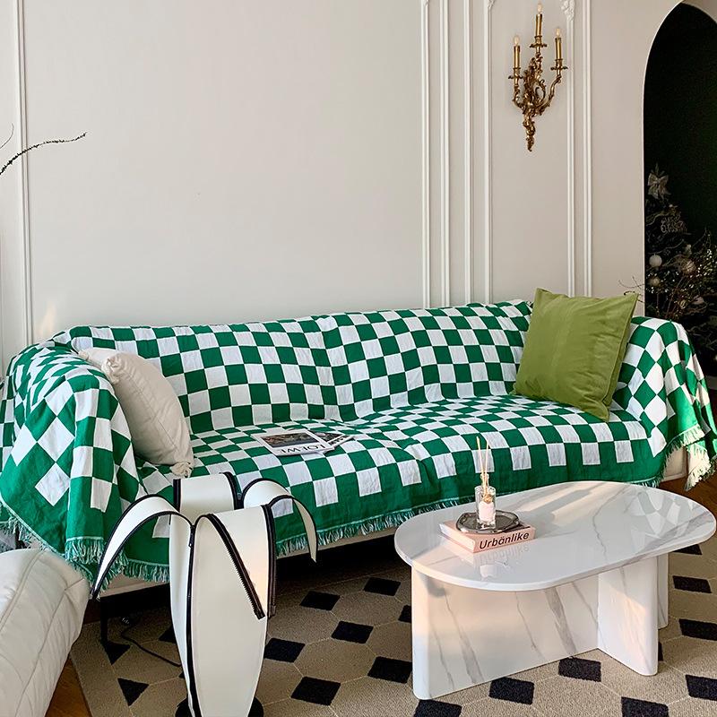 Koc na sofę w kratę szachownicy, pełny pokrowiec z tkaniny, pokrowiec na sofę all-inclusive, zestawy uniwersalne, uniwersalne na cztery pory roku, antypoślizgowa, odporna na zabrudzenia poduszka