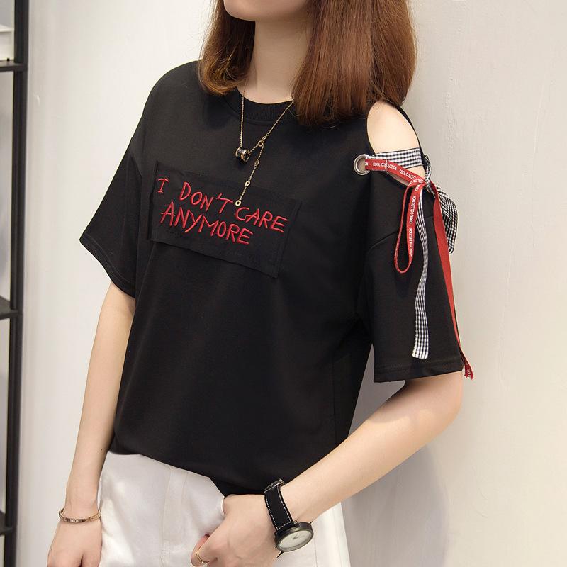 

Летняя футболка с открытыми плечами на бретелях, с вышивкой в виде алфавита, с коротким рукавом, женская, летняя M чёрный