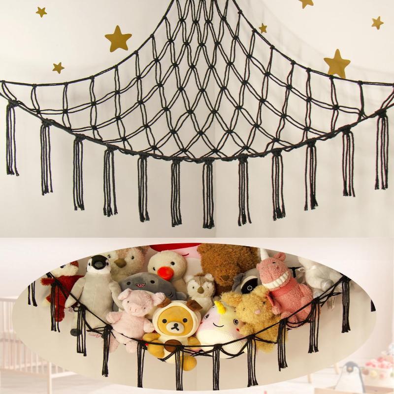 Boho Tassel Toy Hammock Wall Corner Hanging Storage Net Durable Cotton Woven Organizer for Kids Room Nursery Home Decor