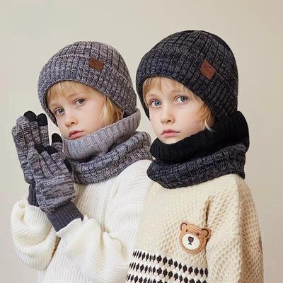Kinder Wintermütze Schal Handschuhe Set Gestrickte Kinder Beanie Schals Rutschfeste Telefingers Handschuhe Kindermütze für Mädchen Jungen
