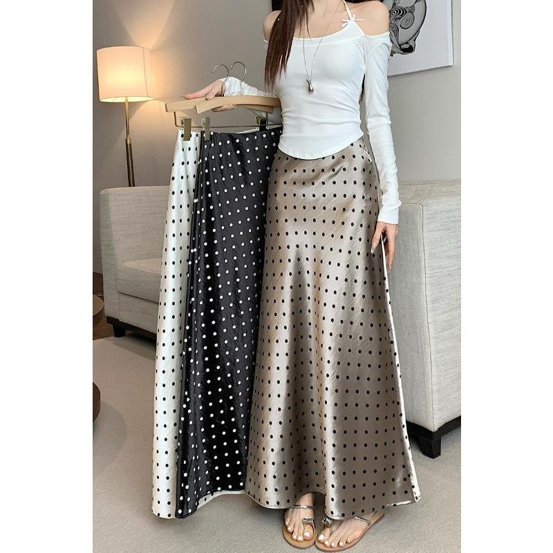 Moda Primavera Verano Elegante Estampado de Lunares Falda Larga Cintura Alta Suelta Ajustada a la Cadera Línea A Faldas de Fiesta Ropa Sencilla Casual para Señoras de Oficina