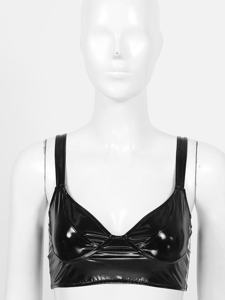 Dámská lesklá lakovaná podprsenka s výstřihem do V Top Široká ramenní ramínka Party Clubwear Topy Rave