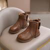 Girls' Chelsea Leather Boots Round Head Anti Slip Children Ankle Boots with Sweet Bow   Girls' Short Boots with Side Zip