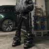 VibeStreet Calle Principal Pantalones de Pierna Ancha Cuero PU Brillante Fajas Corte Bota Hombres y Mujeres Rectos Holgados Vaqueros Casuales Pantalones de Pierna Ancha Desgastados