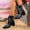 Fashion Woman Western Cowboy Knight Boot Embroidered High Heel Cowgirl Boot Women's 2025 Autumn Pointed Toe Thick Heel Chelsea Boots