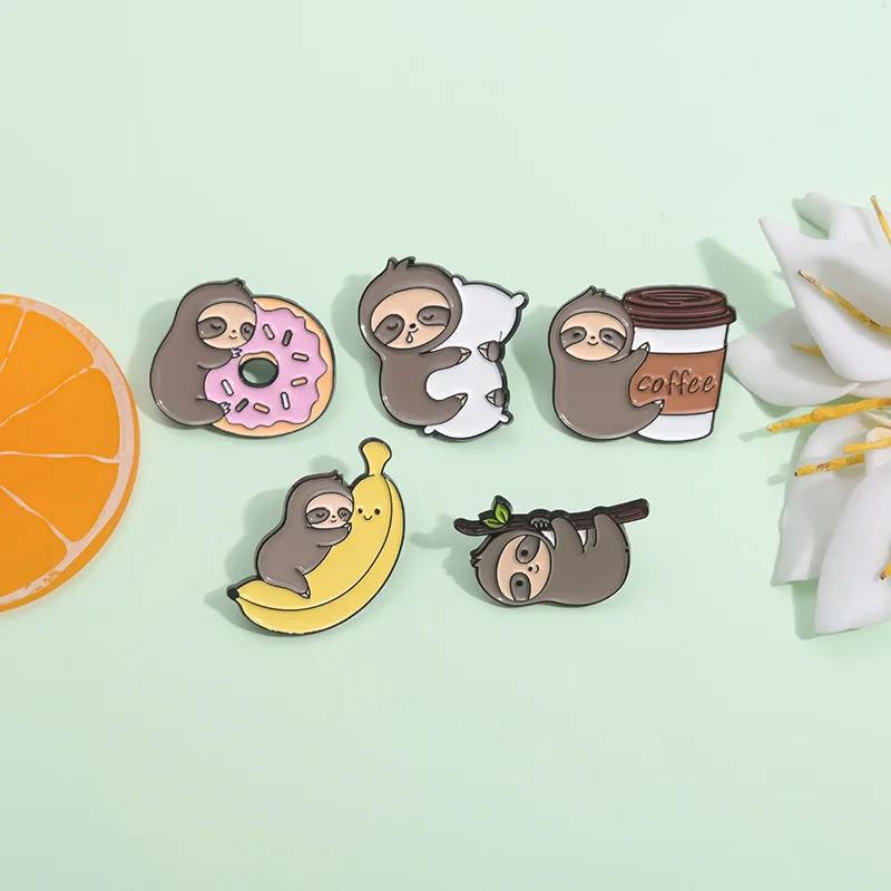 Lazy Cute Sloth Enamel Pin Cartoon Coffee Donut Banana Pillow Lapel Brooch Backpack Clothes Badge Decorative Metal Jewelry Gifts