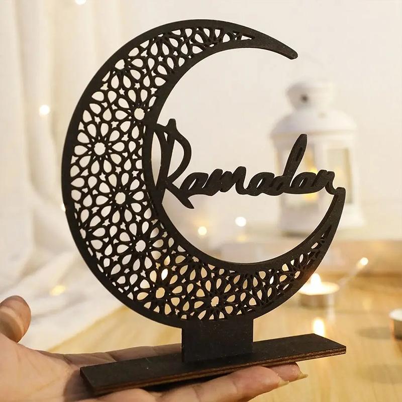 Eid Mubarak Moon Ornament Creative Ramadan Wooden Moon Star Desktop Ornaments Kareem Muslim Festival Home Table Decoration
