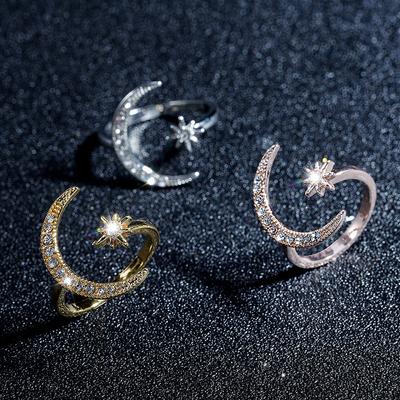 Finger Ring Silver Star Moon Rings For Women Wedding Party Jewelry Shine Crystal Metal Flower Opening Anillo