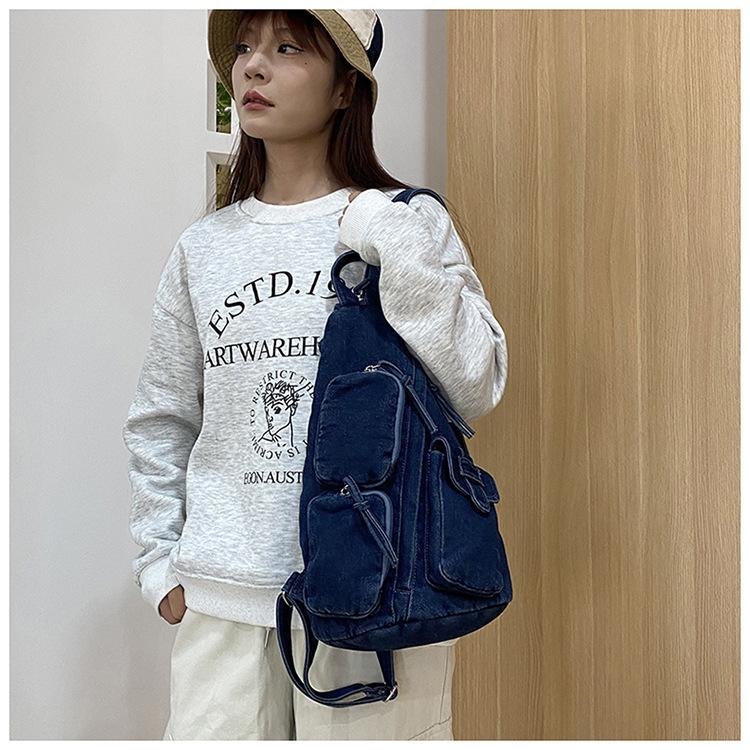 New Fashion Old Denim Backpack Women's Personality Bucket Bag Messenger Bag Trendy Casual Retro Backpack