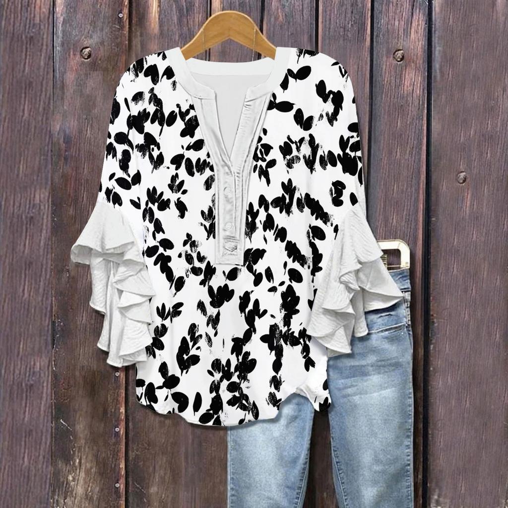 Women's Summer Tops V Neck Three-quarter Sleeves Floral Print Flowing Ruffle Sleeves Half-button Shirt