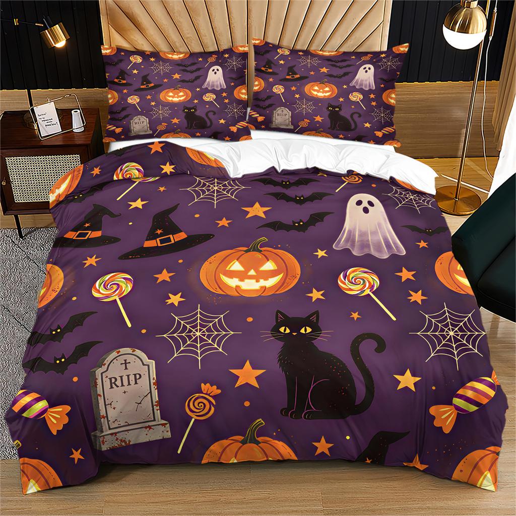 Cute Halloween Duvet Cover Set Cartoon Ghost Black Cat Pumpkin Tombstone Print Bedding Set Fashion Quilt Cover Set Bedroom Decor