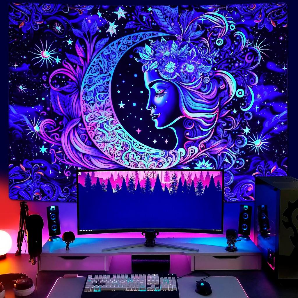 AtawLege Blacklight UV Reactive Wall Art - Moon and Star Tapestry, Sun Mandala Tapestry, Aesthetic Boho Wall Hanging for Bedroom (51.2 X 59.1 Inches)