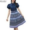 ZANZEA Women Summer Stand Collar Casual Short Sleeve Print Dress