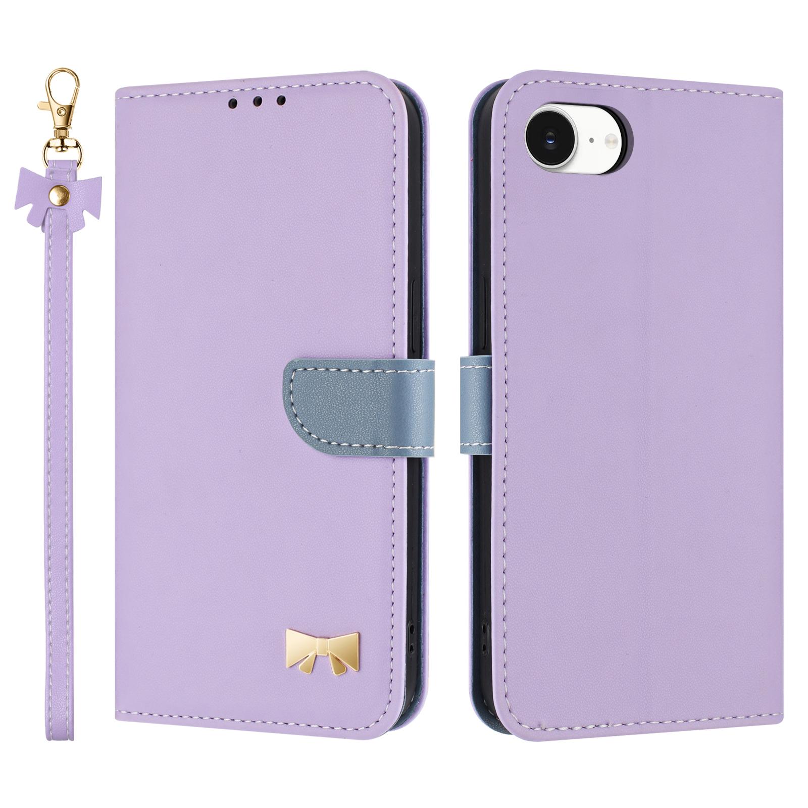 

For iPhone 16e Case Bowknot Decor Wallet Leather Phone Cover with Wrist Strap Purple