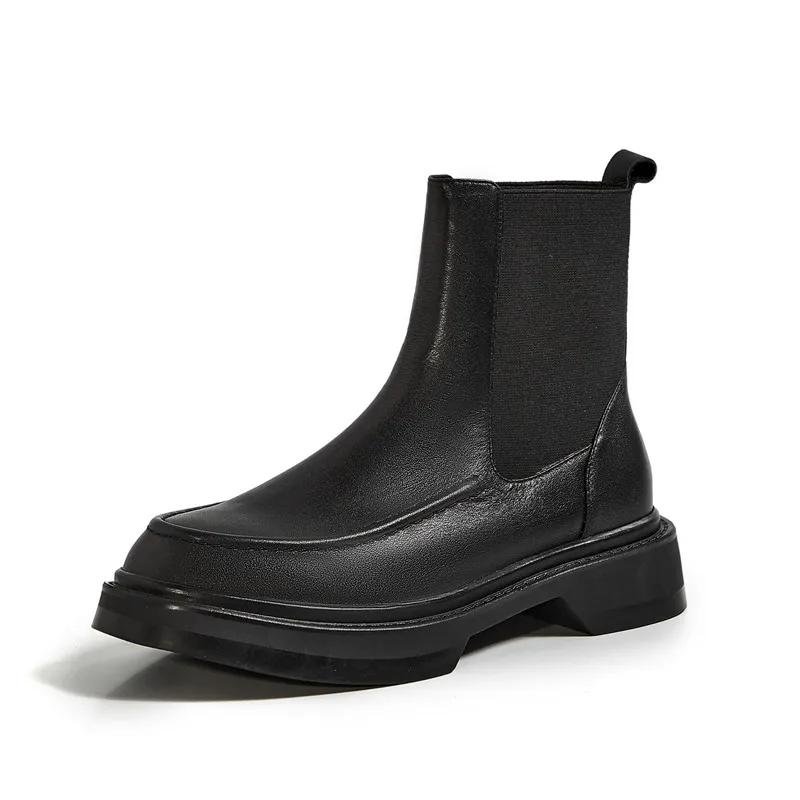 

Модные НОВЫЕ Ретро Британский Стиль Слипоны Ботинки Челси Натуральная Кожа Женские Ботинки Модные Ботильоны Круглый Носок Плоская Подошва с Женской Обувью 34