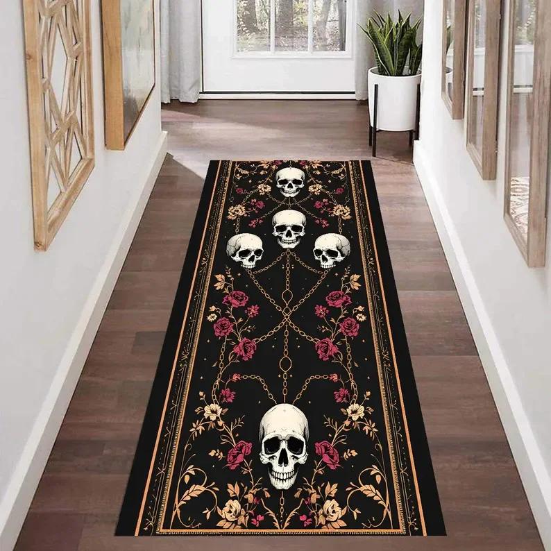 

Skull Runner Rug Gothic Hallway Rug Chains and Roses Carpet, Dark Aesthetic Rug Washable Rug Non Slip Rugs Home Decoration 40X120CM