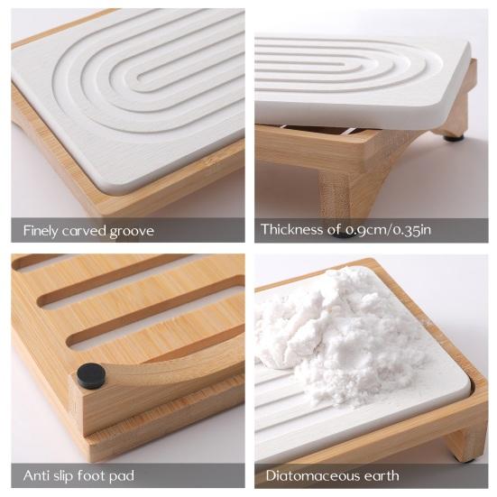 Yousheng Kieselgur Bambus Spülbeckenablage Schnelltrocknender Stein Seifenablage für Badezimmer Küchenarbeitsplatte Wasserabsorbierend Rutschfest Schwammorganisator
