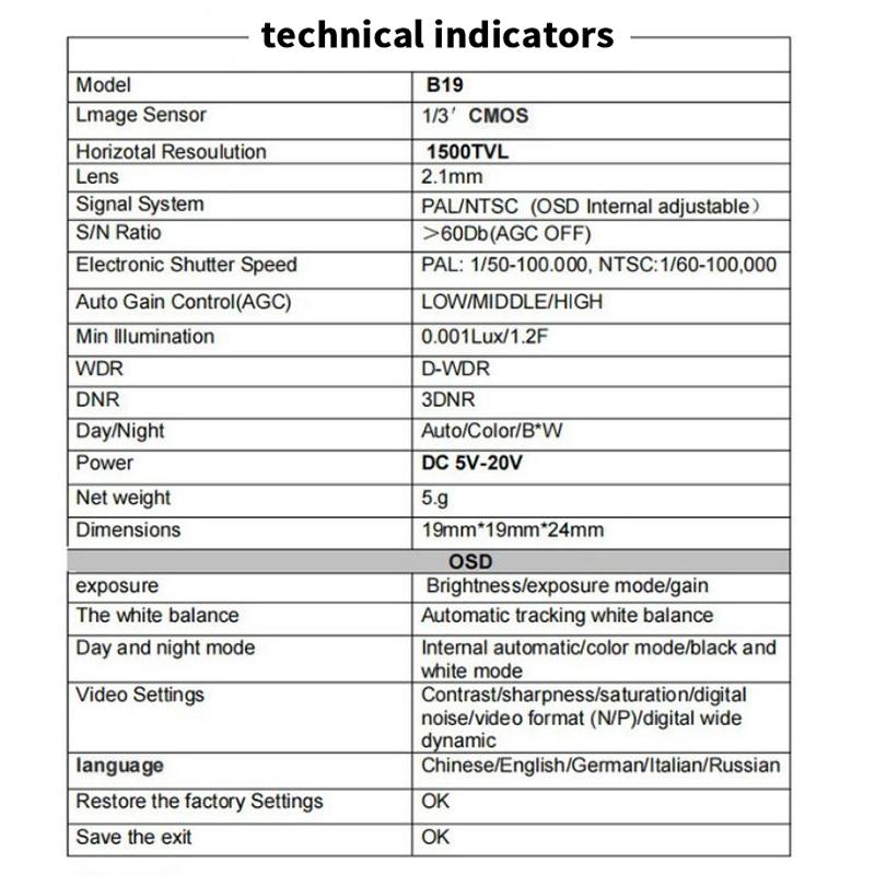 Mini1/3 Cmos 1500Tvl B19 Mini Fpv Camera 2.1Mm Lens Power 5V-30V Pal / Ntsc With Osd Internal Adjustable For Rc Fpv Racing Drone