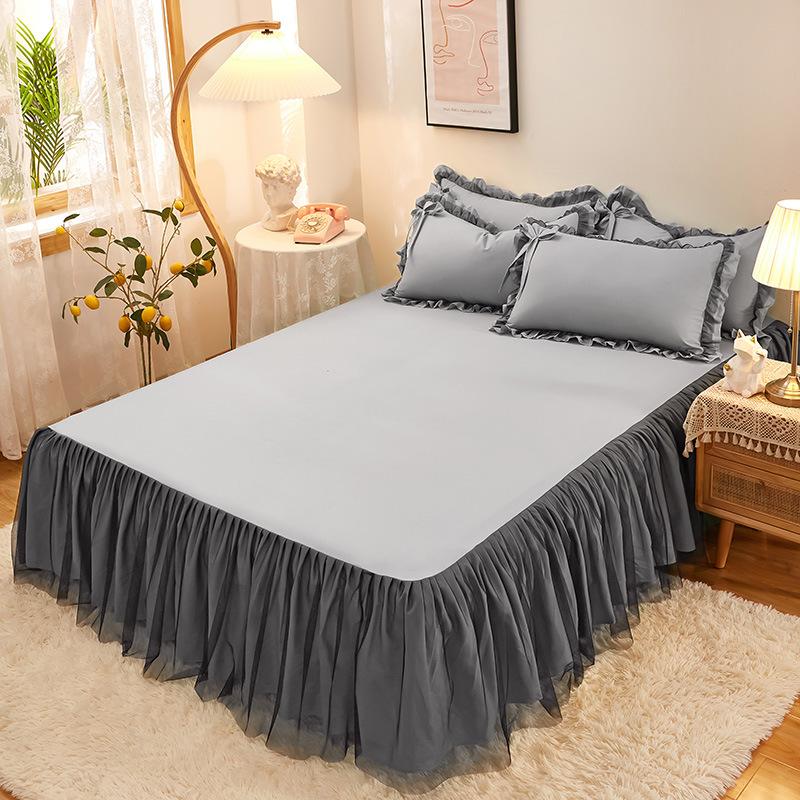 Wholesale Brushed Washed Cotton Bed Skirt Modern Simple Dust Ruffle with 3D Mesh Lace Pleated Edge Non-Slip Mattress Protector Cover Machine Washable