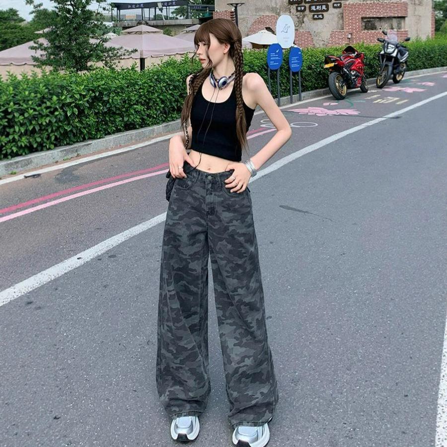 Vintage High Street Camouflage Work Jeans Wide-legged Jeans Female High-waisted Loose Skinny Straight Trousers Jeans for Women Long Denim Pants