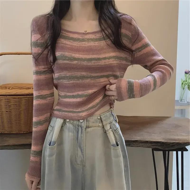 Women's Slim Fit Striped Contrast Long-Sleeve Autumn Sweater