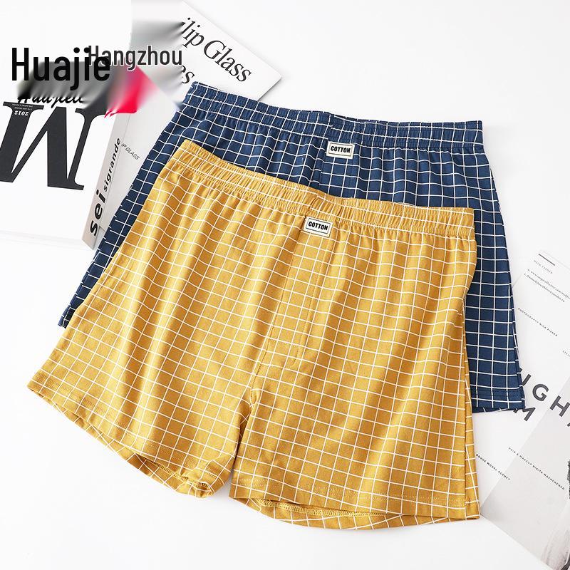 Huajielong Men's Plaid Cotton Boxer Briefs - Loose, Thin & Breathable