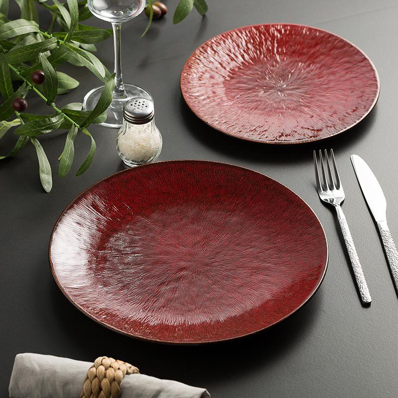 Nordic Red Plate High-end Steak Tray Household Dish Underglaze Color Western Dining Tray Restaurant Tableware French Platter