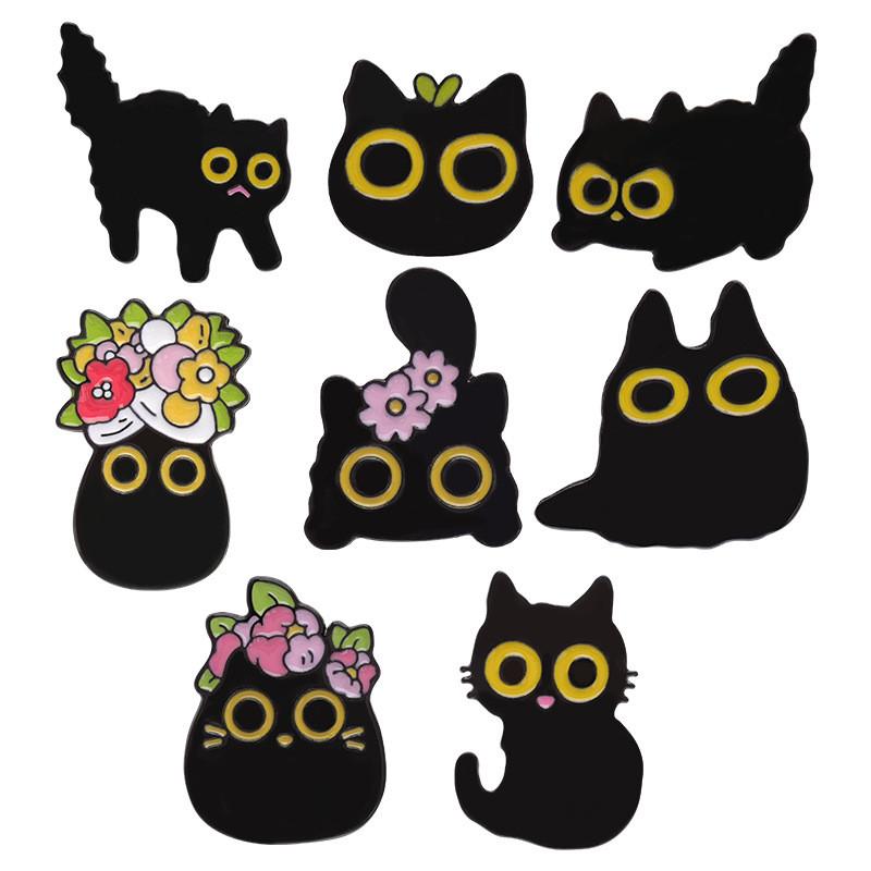 Black Cute Cat Brooch Set With Delightful Floral And Plant Motifs Perfect For Fall Fashion
