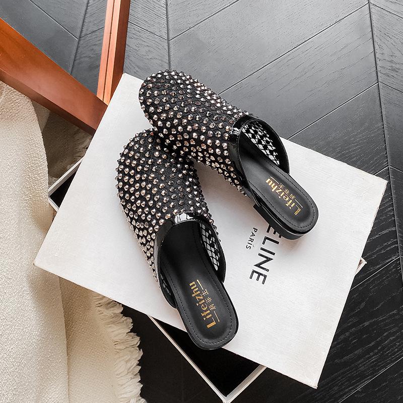 Fashion Summer Rhinestone Size 43 Shoes for Women 2025 New Comfortable Mesh Hollow Half Slippers Women Luxury Mary Jane Flat Shoes
