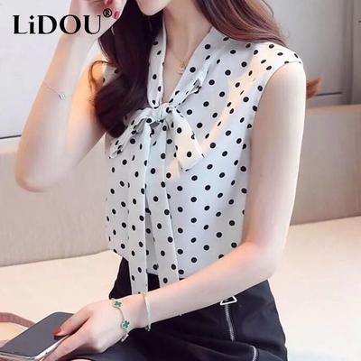 New Summer Office Lady Elegant Fashion Polka Dot Print Bow Lace Up Loose Chiffon Tank Top Shirt Sleeveless Casual Blouses