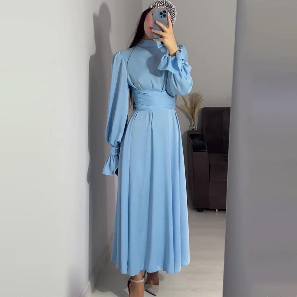 Qooth Elegant Ruffled Bandage Maxi Dress For Women Slim Lace-Up Solid Vintage Evening Partywear Ladies Long Dress