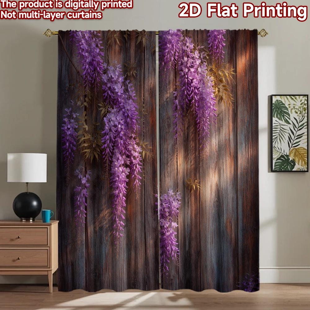 2D Flat Printing 2pcs Curtain Drapes Spring Purple Blooms Digital Printed Polyester Drapes Festive Curtains Perfect for Holiday