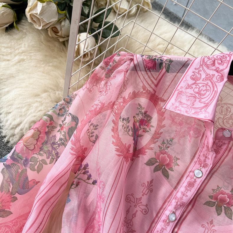 Summer Holiday Beach Long Dress Women's Lapel Long Lantern Sleeve Floral Print Sashes Lace Up Chiffon Loose Dresses