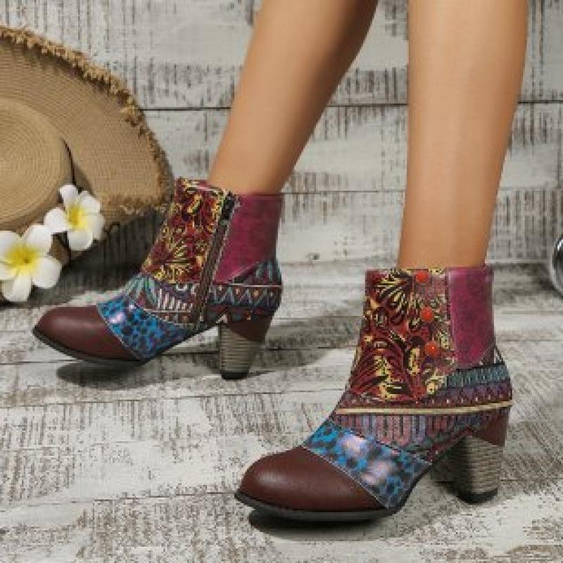 Autumn and winter new ethnic style color matching short boots printed thick heel retro handmade soft leather ankle boots