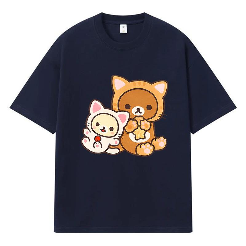 2026 Dwa Urocze Koty Nadruk Graficzny Y2k Harajuku Streetwear 100% Bawełna Koszulka Casualowa Oversize Letnia Męska Koszulka