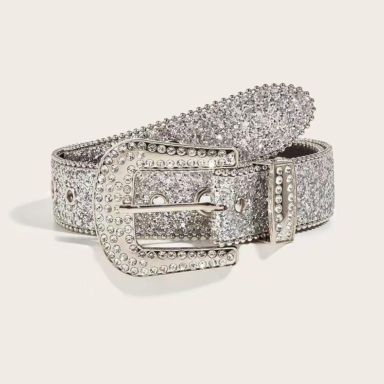 Trendy European & American Sequined Rhinestone Leather Belt
