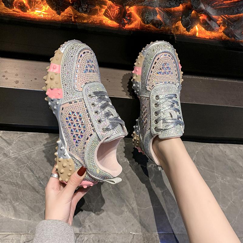 Aphixta Luxury Bling Sequine Sneaker Boots Spring Autumn Lace Up Women Shoes Thick Botton Rubber Sole Footwear Size43