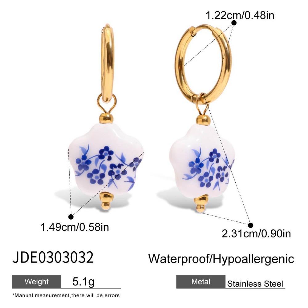 Stainless Steel Blue and White Porcelain Earrings Chinese Style Gold Hoop Earrings  Lady