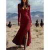 2026 New Women's Vintage Western Style Long Dress with Buttons, Ruched Long Sleeves, Sexy Dress
