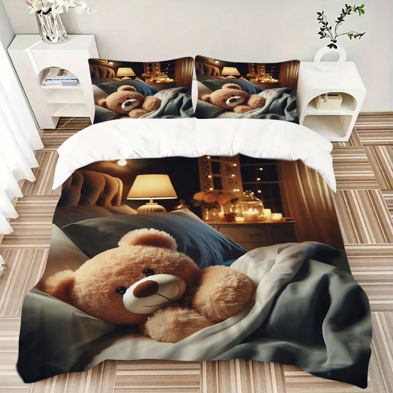 3-teiliges Anime-Teddybär-Bettwäscheset - Enthält einen Bettbezug und zwei Kissenbezüge (Kein Kern) - Perfekt für Schlafzimmer- und Gästezimmerdekoration,