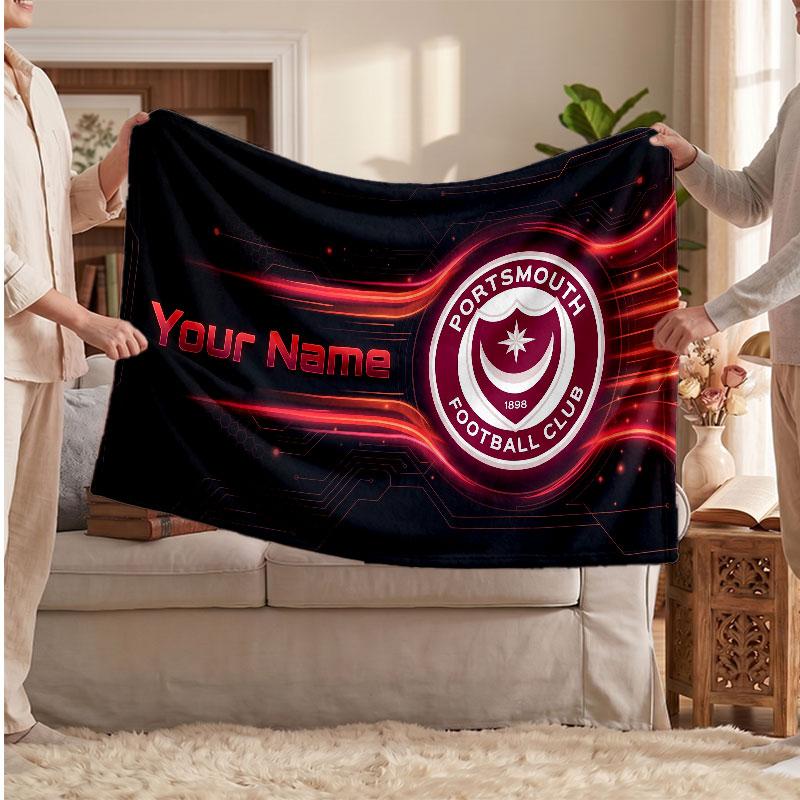 Portsmouth FC Personalized Fleece Blanket With Football Logo, Custom Name Text Soft Warm Home Throw Blanket