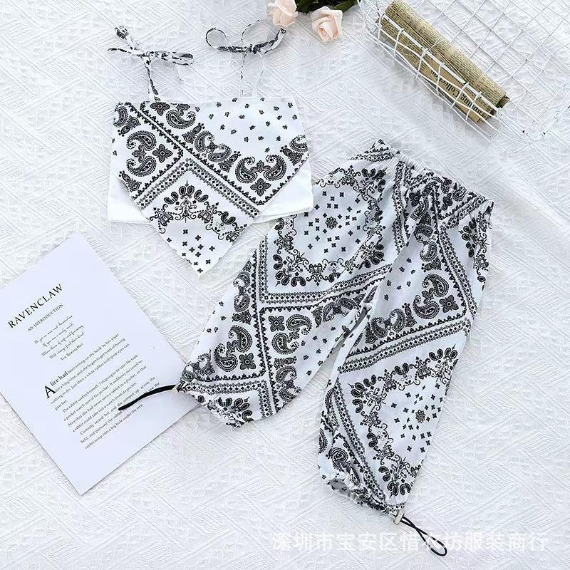 

Летний тонкий костюм для девочки, для детей среднего и младшего возраста, без рукавов, персонализированный топ-халтер + брюки от комаров, повседневный комплект из двух предметов 130 белый