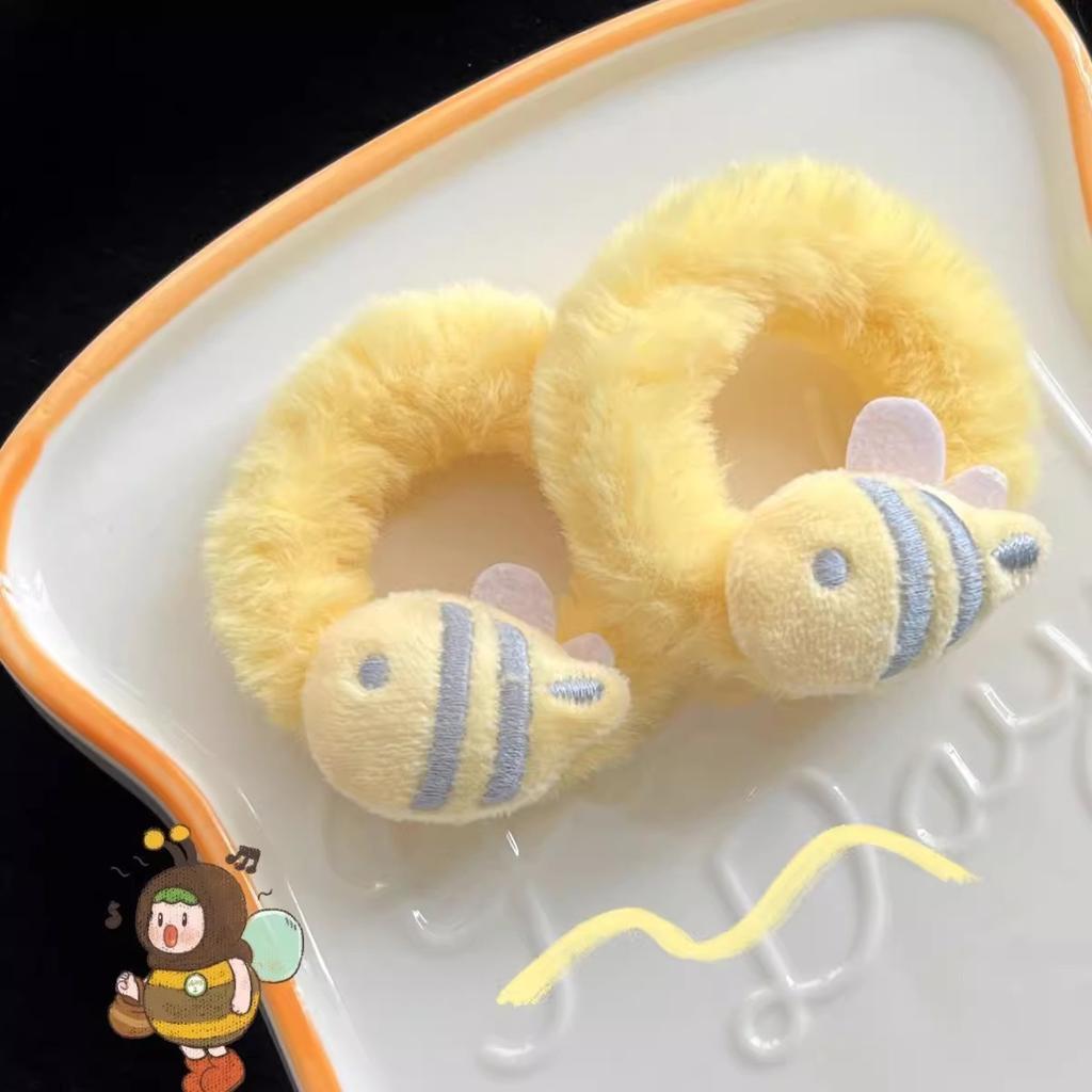 4pcs Milky Bee Plush Hair Ring, Girly Heart, Cute and Soft Autumn and Winter Hair Rope Cartoon Ponytail Hair Ornament