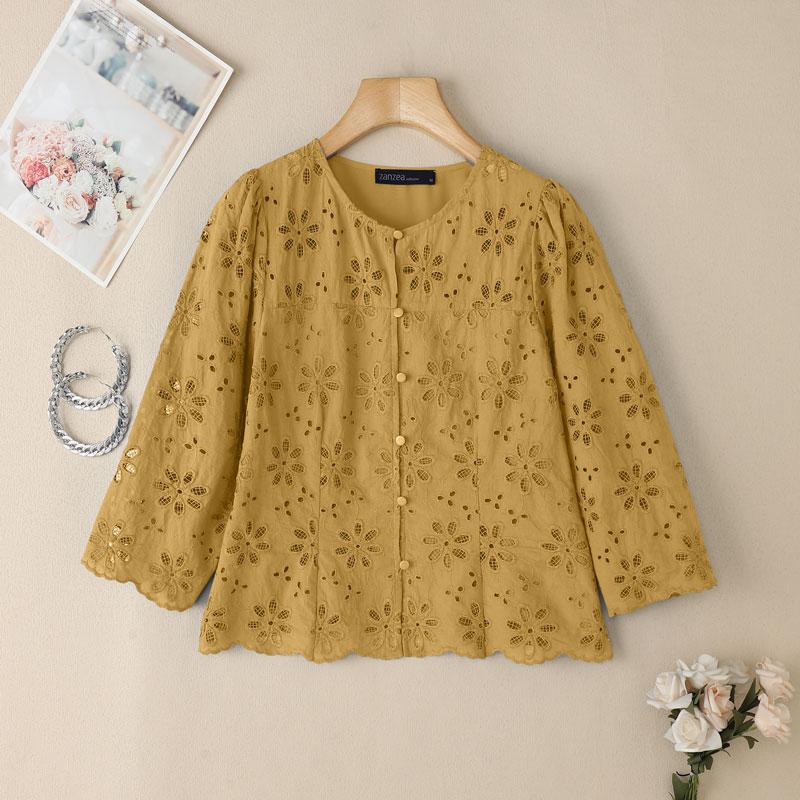 

ZANZEA Women Casual Round Neck 3/4 Sleeve Patchwork Lace Blouse 4XL