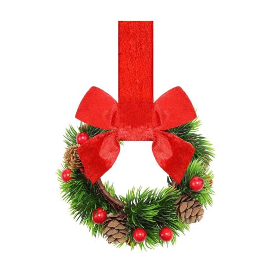 Mini vánoční věnec s červenou sametovou mašlí Dekorace na dvířka skříňky pro kuchyňské okno Selský dům Vchodové dveře Zeď Krb Bobulová girlanda