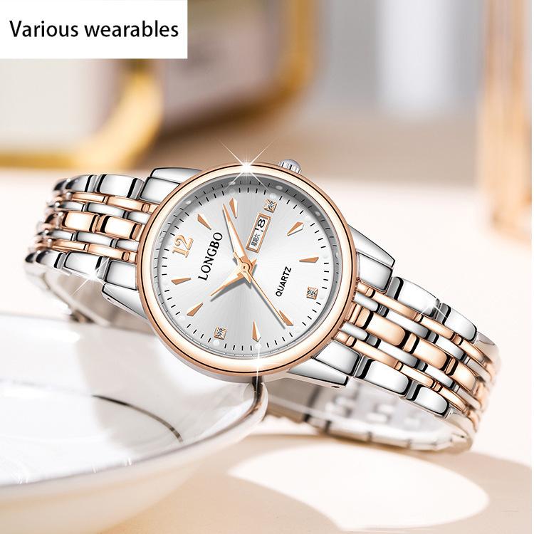 Damklocka med stålarmband, casual quartz-klocka med dubbel kalender