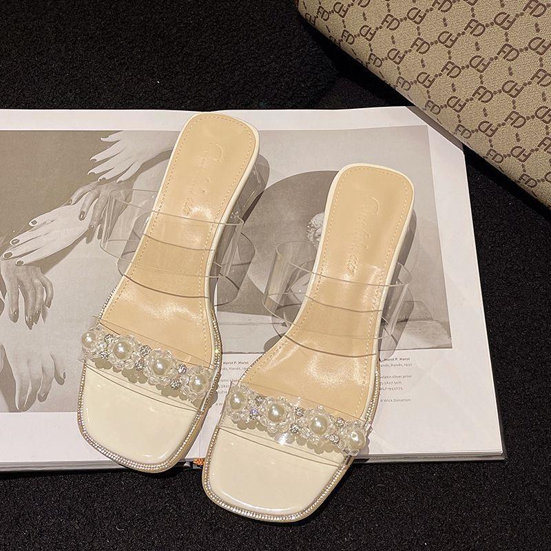 

Transparent sandals women s high heels summer new mid-heel fashion thick heel outer wear rhinestone cool slippers 35
