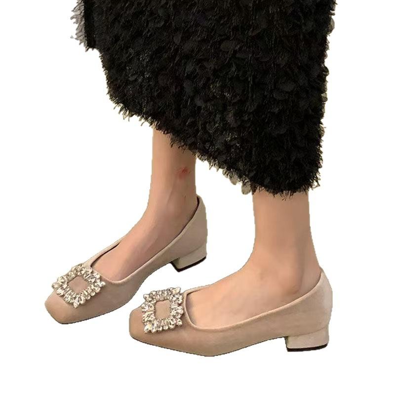 Black High Heels Women's Thick Heels 2025 Spring and Autumn New Rhinestone Versatile French Temperament Mary Jane Single Shoes Women's Head