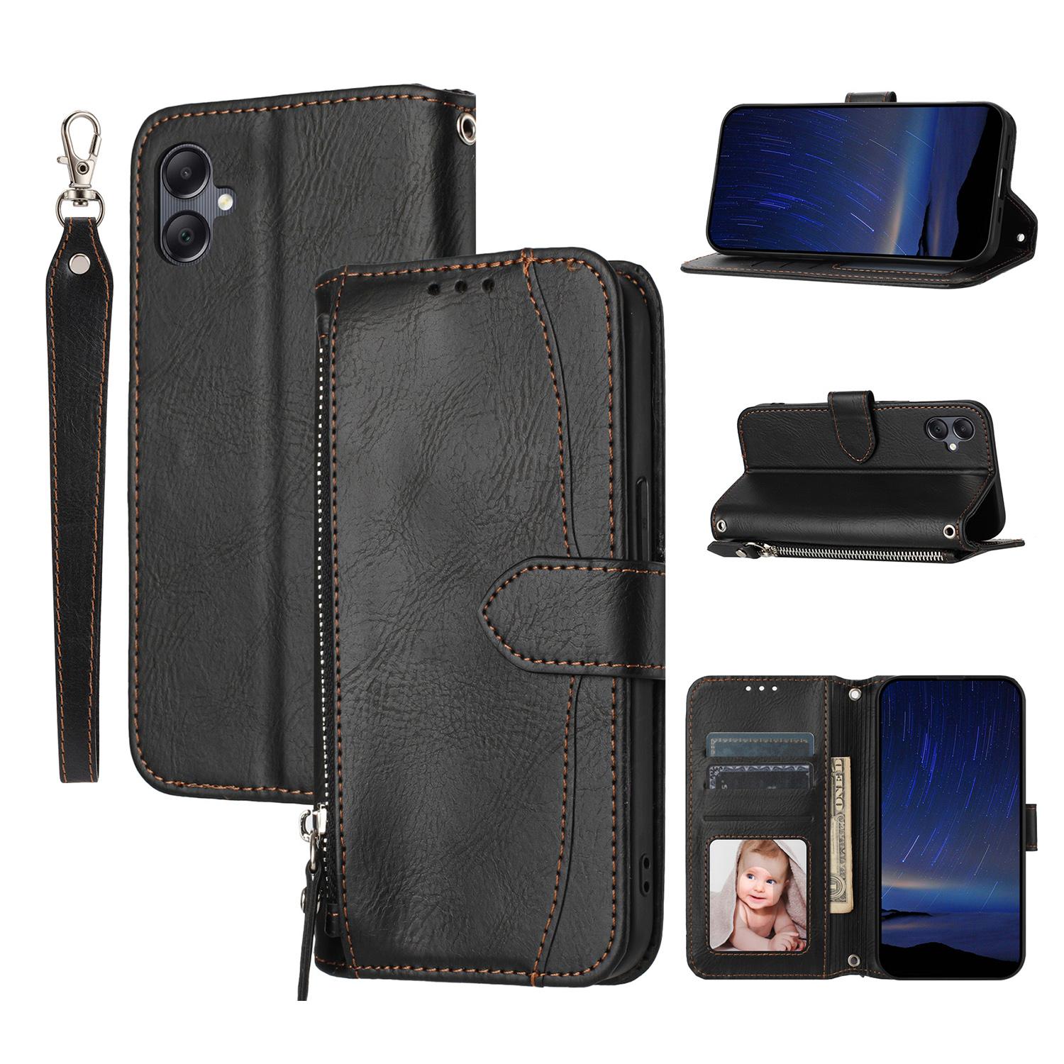 

For Samsung Galaxy A07/A06 5G Case Zipper Pocket Wallet Leather Phone Cover with Wrist Strap Black